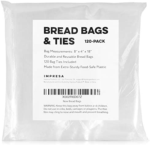 [120 pacote] Sacos de pão de plástico para pão ou padaria caseiros - sacos de pão pesado com gravatas - embalagens de armazenamento de embalagens de pão transparente - bolsa reutilizável para pães grandes - 8 ”x 4” x 18 ”