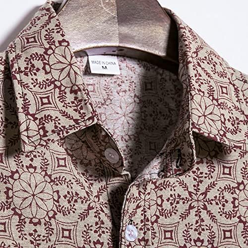 Camisa Havaiana de Znne para homens, algodão e linho V camisas de pescoço casual impressão floral solta botão de manga curta acima