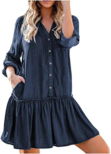 Vestido de jeans de Lucktop para mulheres, vestidos maxi de verão feminino Button Up Denim Short Sleeve Shirt Dress com colarinho