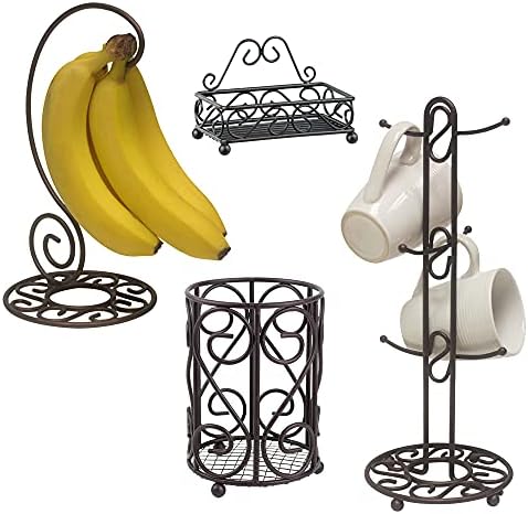 Home Basics Scroll Collection Cuttlers de aço, cabide de banana, suporte de esponja e árvore de caneca, bronze