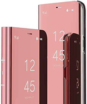 Gyhoya Compatível com a capa de Samsung Galaxy A50 com couro de kickstand clear visualização maquiagem Design de espelho glitter