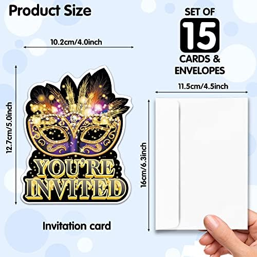 RZHV 15 pacote de máscara de máscara de máscara de máscara de preenchimento em forma de convites com envelopes para meninos meninas adultos, festa engraçada de festas de aniversário Mardi Gras Ano Novo Dancing Mask Party Invite