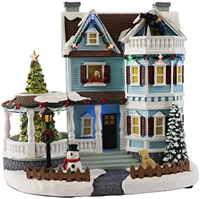 FG Square Animated Christmas Village Acessório - Light Up Blue House com boneco de neve