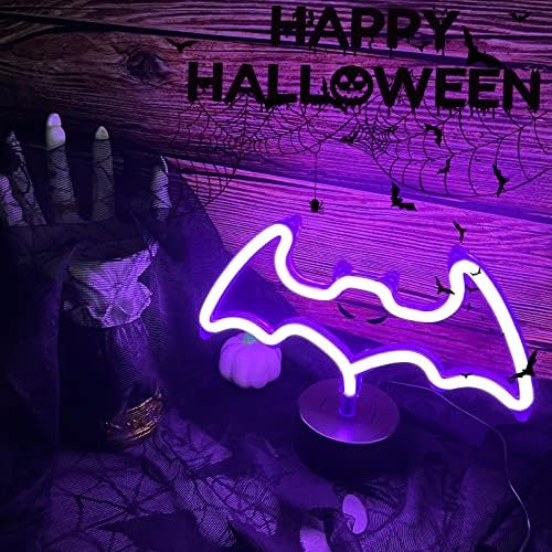 Purple Bat Neon Sign com base, decoração de Halloween LED BAT NEON SIGNS LIGHT SINAIS DE TABELA INTERIOR DE DECORA DE TABELA NEON USB ou luzes de morcego alimentadas por bateria com padrão para festa de Halloween, bar, decoração de quarto, presente para crianças presentes