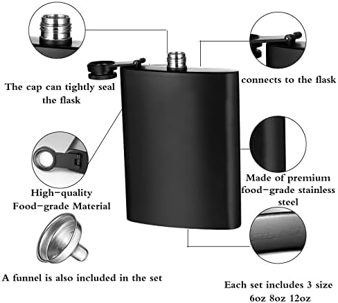 Vethwal 6oz, 8oz, 12 onças de aço inoxidável preto quadril conjunto de frascos à prova de vazamentos com funil de bônus gratuito