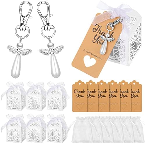 Chaves de 100 peças Angel favorecem os chaveiros de pendente de anjo Baptism Boxes Boxes White Organza Bags com cordão de amarração