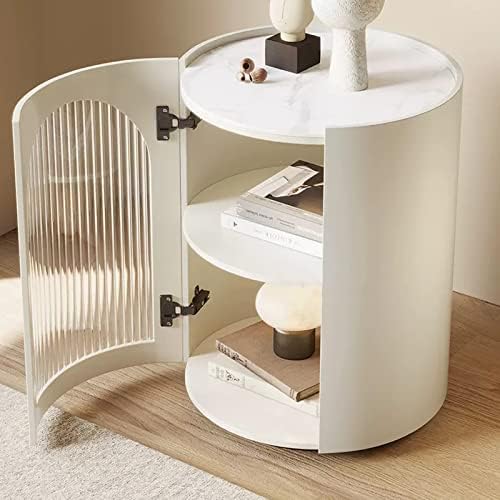 Mesa de cabeceira branca de cabana de cabeceira redonda com portas de armário de vidro listrado vertical mesa de cabeceira moderna,