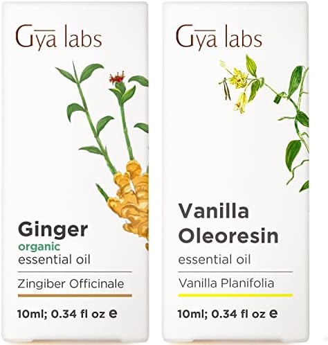 Óleo essencial de gengibre orgânico para gordura da barriga e dor e óleo essencial de baunilha para conjunto de pele - de óleos essenciais de grau terapêutico puro - 2x10ml - Gya Labs