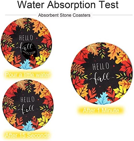 Hello Fall Leaves Drink Coasters Conjunto de 6 com montanhas -russas de cerâmica absorventes para mesa de madeira, montanhas -russas