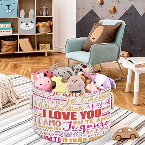 Love Dia dos Namorados Grandes cestas redondas para cestas de lavanderia de armazenamento com alças cestas de armazenamento de cobertores para caixas