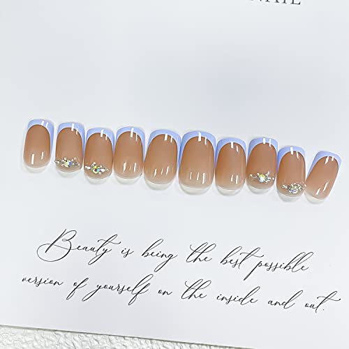 24pcs azul francês Pressione Pressione as unhas quadradas curtas Nude rosa unhas falsas design de strassils unhas