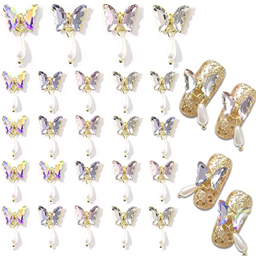 Wokoto 24pcs Zircão Butterflies 3d Dangle Acinch Charms para unhas Mulheres Charms de unhas 3D Para unhas de luxo de luxo