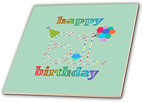3drose feliz 51º aniversário, cupcake com vela, balões, chapéu, colorido - azulejos