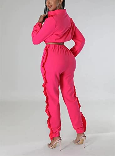 Calças de babados de traje para mulheres - 2 peças roupas de manga longa com zíper tampa + calça de borda agarica longa.