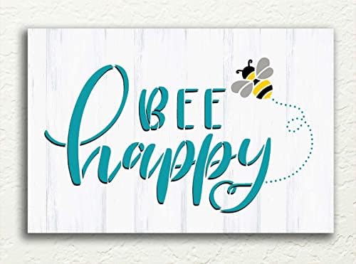 Bee Happy Script Stêncil por Studior12 | Craft DIY Spring Home Decor | Pintura Inspirational Wood Sign | Modelo Mylar reutilizável
