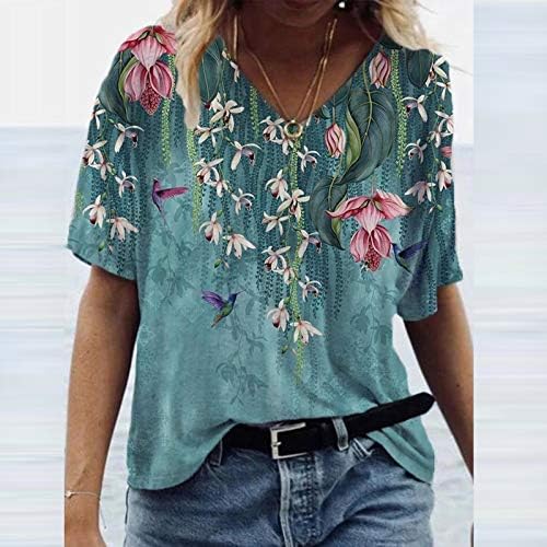 Ladies v pescoço impressão botânica Top topo solto de verão Moda curta Camiseta Top ioga camisa para mulheres