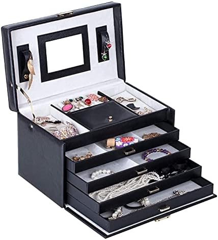 Caixa de jóias Grande caixa de joias com seções de 4 pernas e trava na caixa de armazenamento de jóias pretas