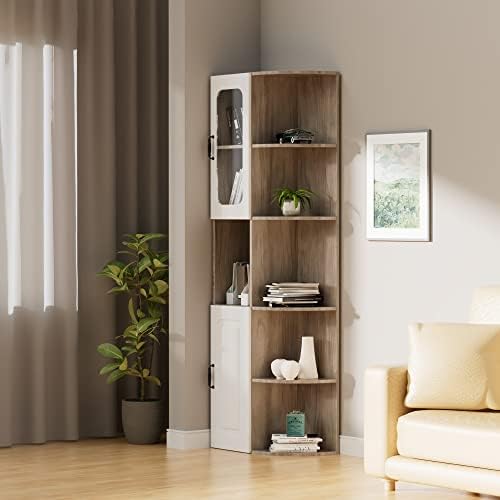 Color de troncos de 5 camadas+armário de canto branco com portas, 70,8 polegadas de altura, suporte de canto de canto, rack de armazenamento