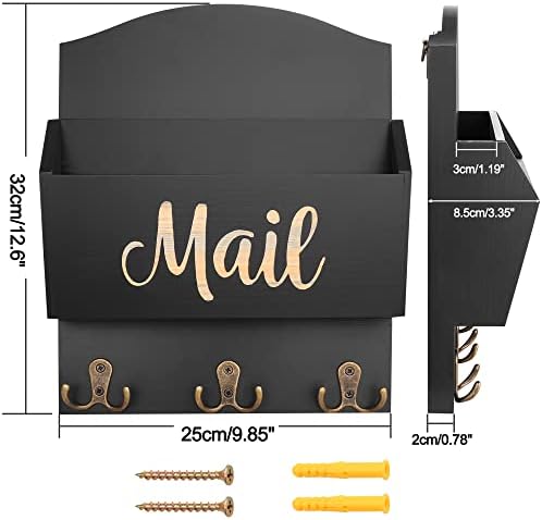 Montagem de parede do organizador de correio de SionDoux, parede do classificador de e -mail de madeira montado com 3 ganchos duplos,