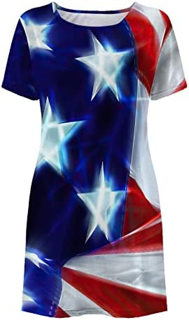 Mulheres 2023 Mini vestidos de verão Casual Manga curta Crew vestido patriótico vestido de t-shirt de bandeira americana com bolsos