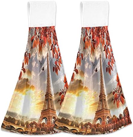 Alaza pintura a óleo Paris European Eiffel Tower Red Tree Toalhas de cozinha com loop pendurado absorvente e lavagem