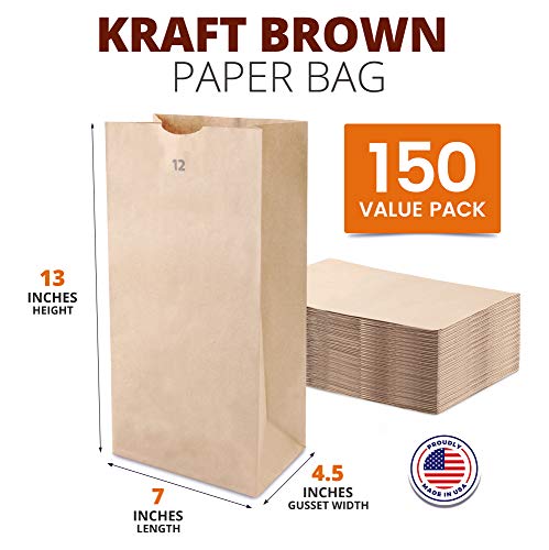 [150 pacote] 12 lb 13 x 7 x 4,5 Bolsas de papel Kraft Almoço de mercearia Compras de varejo saco de barril marrom natural durável