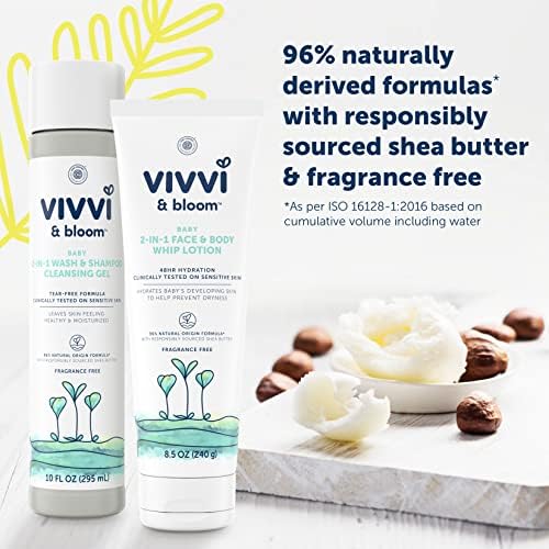 Vivvi & Bloom Gentle 2-em-1 Lavagem de bebê e gel de limpeza de shampoo, deixa a pele sensível que se sente saudável e hidratada, livre de fragrâncias, formulada sem sulfatos, parabenos e corantes, 10 fl. Oz
