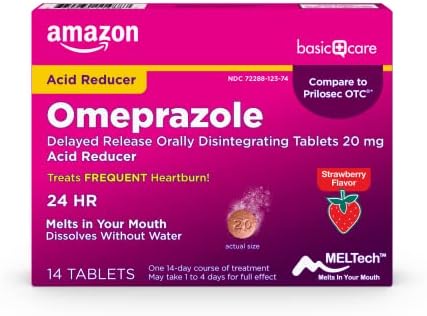 Basic Care Omeprazol Release atrasou os comprimidos de desintegração oralmente, 20 mg, redutor de ácido, sabor de morango, 14 contagem