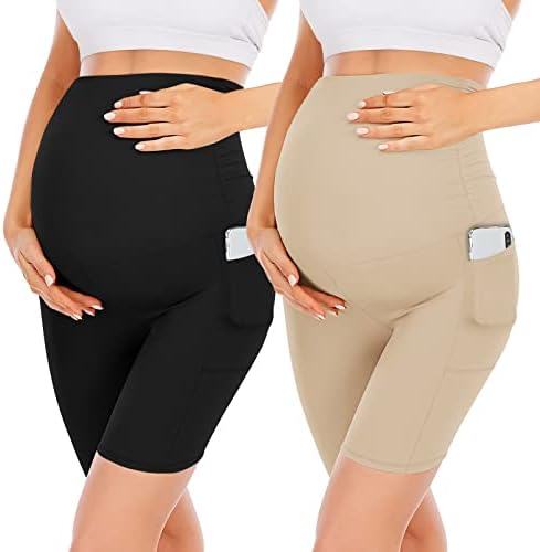 YOLIX 2 Pacote de maternidade em barriga, treino preto de cintura alta shorts de motociclista de 8 ”de gravidez com bolsos