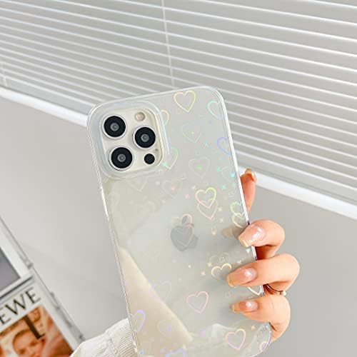 Shinymore Compatível com iPhone 12 12 Pro Case, Cute Clear Laser Glitter de silicone macio Holografia Love Padrão de coração Slim Protetive