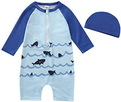 Ikevan Toddler Boys Cartoon tubarão de um maiô de uma peça com calçada de banho de natação Bap de primavera de manga curta Arnequim