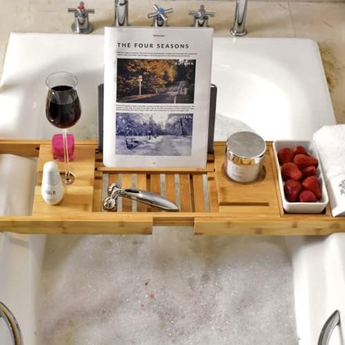 Caddy de bandeja de banheira de luxo - bandeja de banho à prova d'água extensível e banheira de banheira de bambu - bandeja de banho