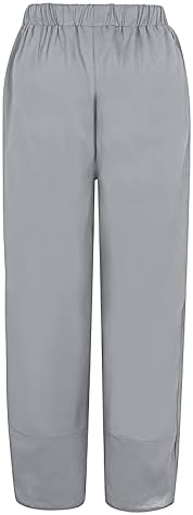 Calças de linho de Uofoco para mulheres cintura elástica casual calça largura de pernas largas com bolsos