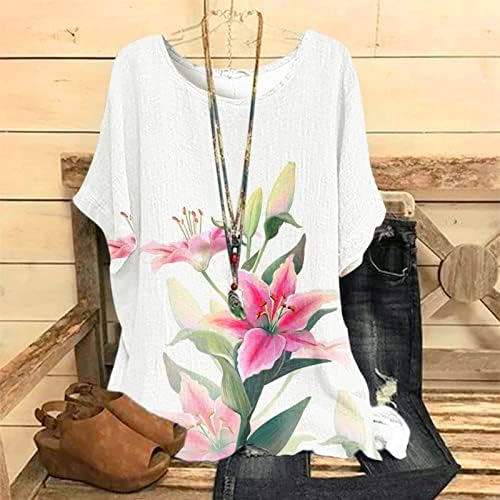 Camiseta da blusa para mulheres de manga curta impressão gráfica floral solto ajuste ajuste princesa deusa Flowy Blouse n0