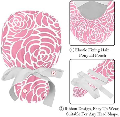 Capas médicas para mulheres com botões cabelos longos, boné de trabalho ajustável de 2 peças, rosas rosa flores florais