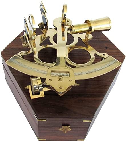 Antigo Astrolábio de Sextante de Nautica de Brass Sól a Brasão Náutica de 9 polegadas com caixa de madeira náutica
