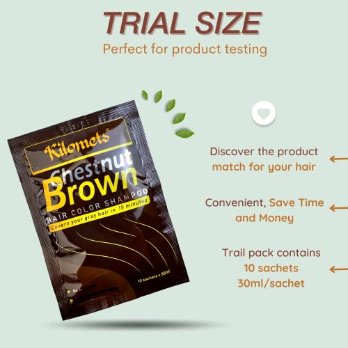 Kilomets Chestnut Brown Hair Dye Shampoo 3 em 1 - Pacote 10 Viagem e Trial - Capilar Cobertura de Cinza Cinza em minutos Presente