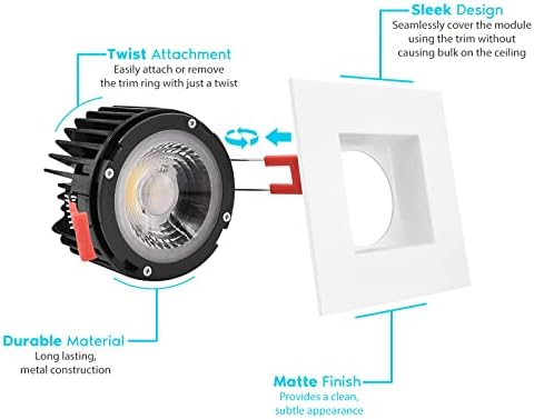 Luxrite LED quadrado de 4 polegadas LED embutida com caixa de junção, 15W, 5 cor 2700k -5000k selecionáveis, 1100 lúmens, 40 ° Spotlight,