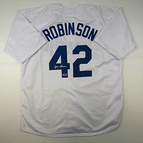 Fac -símile autografou Jackie Robinson Brooklyn Los Angeles La White Reimpressão Laser Auto Baseball Jersey Size XL masculino