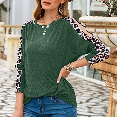 Zdfer feminino redondo pescoço de leopardo tampas casuais fora do ombro de manga longa camisetas de túnica Blusa do moletons de túnica