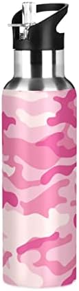 Padrão de camuflagem rosa gláfico 32 oz garrafa de água, garrafa de água com aço inoxidável isolada com tampa de palha, para correr, caminhar, viajar