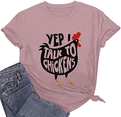 Summer feminino pulôver solto de manga curta T camisetas engraçadas de letra de galinha de galinha