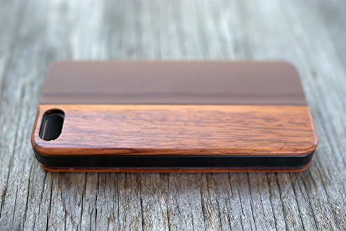 iPhone 5/5s Caixa de telefone de madeira real artesanal, couro de cereja e marrom