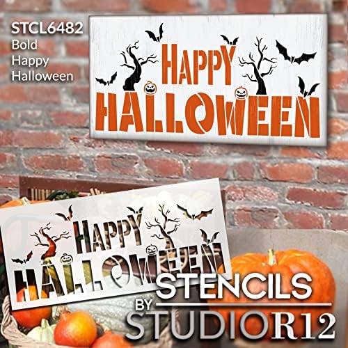 Happy Halloween Script Word Art Stoncil Por Studior12 | Scarecrow Black Widow Spider Web | Pintar decoração de casa DIY | Sinais de madeira do pátio artesanal | Selecione o tamanho