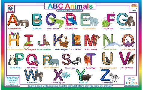 Tot Talk Amazing Animal ABC ALPHABET PLACEMAT PARA CRIANÇAS, Made nos EUA, este tapete de mesa ABC em pré -escola e