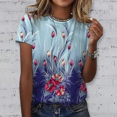 Tops de verão para mulheres Summer Summer Womens Short Sleeve Crew pescoço flor estampada Top T Cadeis casuais camisetas