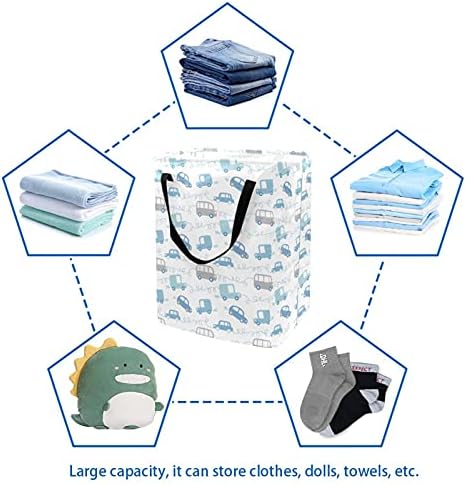 Hampers de lavanderia de carros de desenho azul, cesta de roupa dobrável à prova d'água com alças para bebês berçário da faculdade