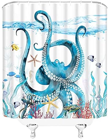 Cortina de chuveiro náutico azul náutica vintage animal Oceano Funny Funny Cool Kraken Octopus Tentacles Sea Great Wave Wave