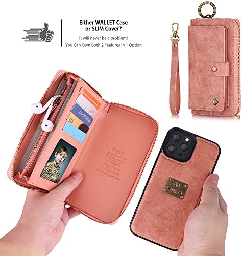 Wintming Compatível com o iPhone 14 Pro Max Wallet Case Magnetic Deatacable Cheatra Case com capa com zíper para slots de cartão