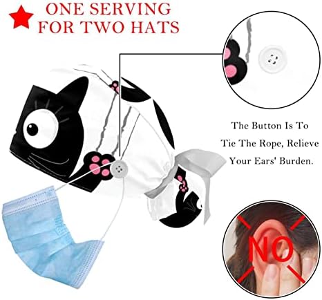 Cartoon Black Cat Cap com Button & Sweatband 2 PCs Reutilizável Cirurgia cirúrgica Chapé